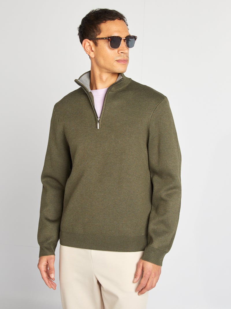 Pull en maille col camionneur zippé Vert - Kiabi