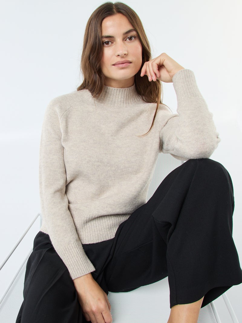 Pull en maille col montant Beige - Kiabi