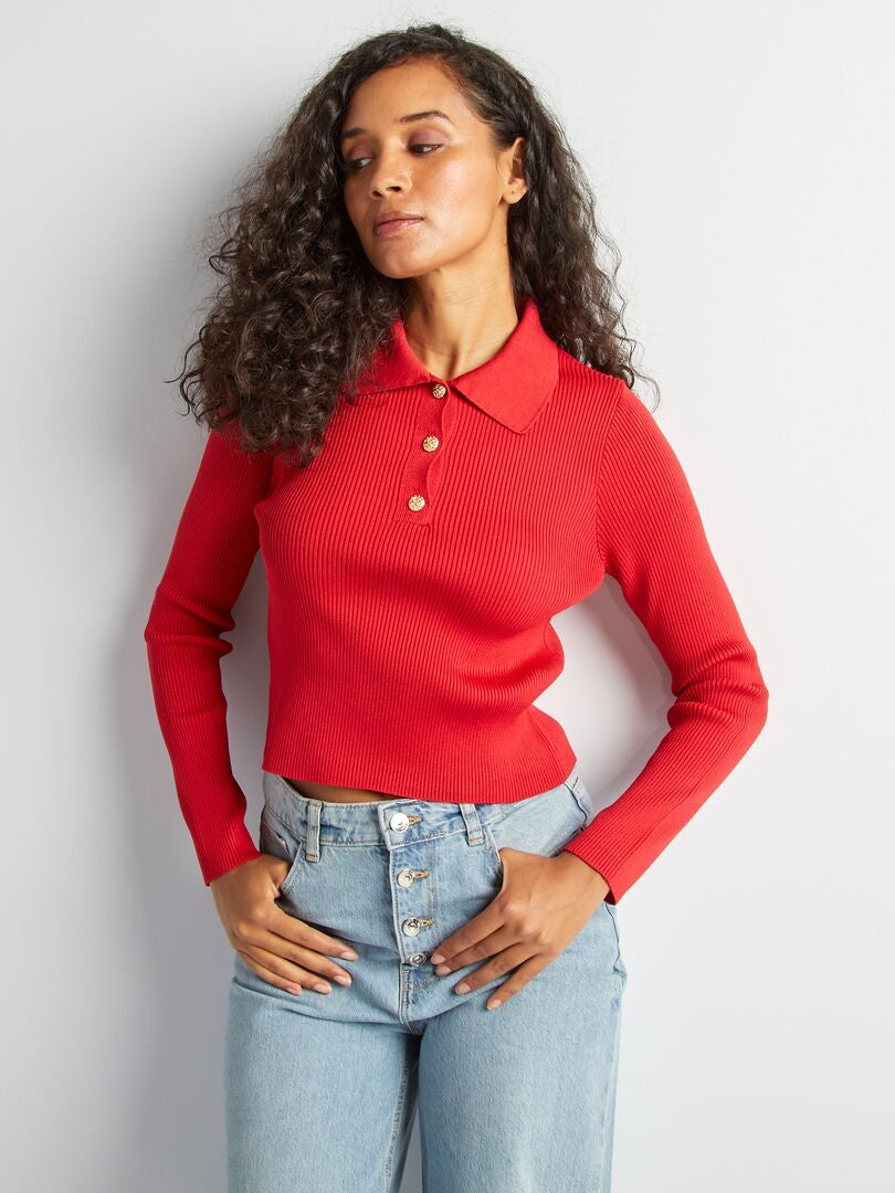 Pull en maille col polo rouge - Kiabi