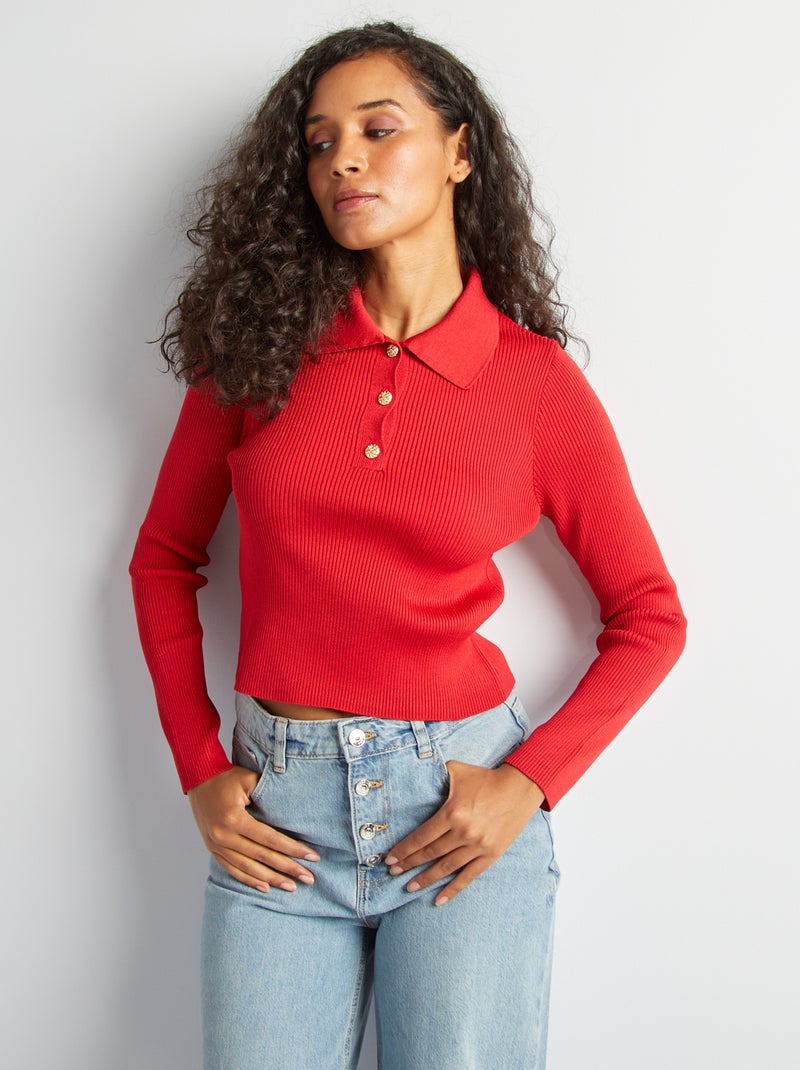 Pull en maille col polo rouge - Kiabi