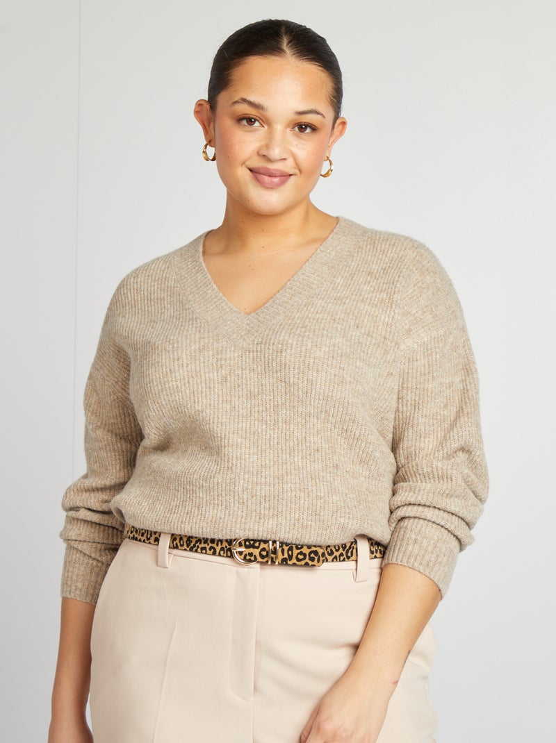 Pull en maille col V Marron - Kiabi