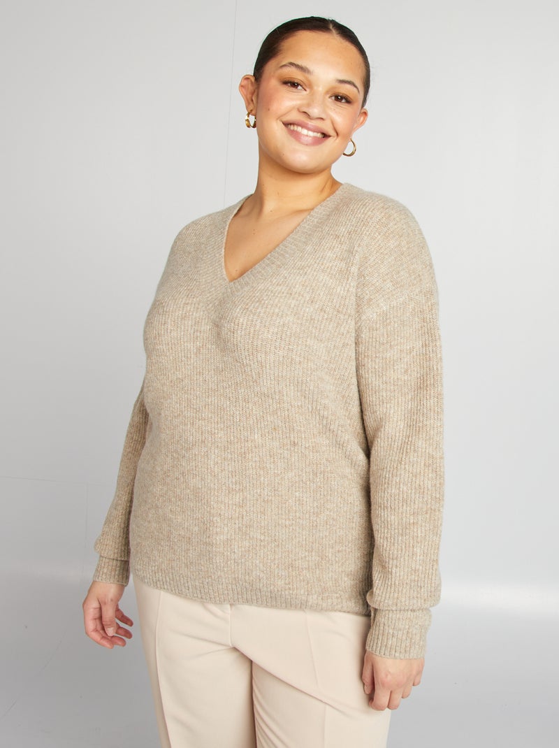 Pull en maille col V Marron - Kiabi
