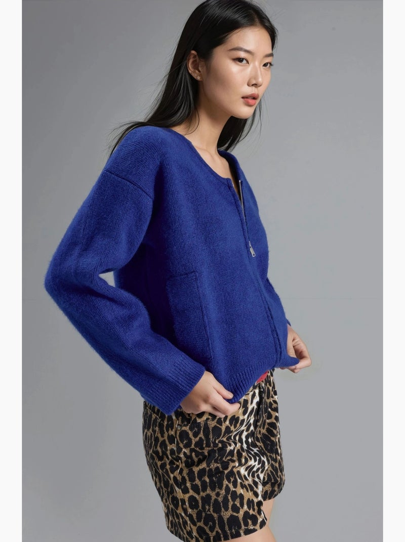Pull en maille côtelée à col en v avec fermeture éclair my fashion Bleu cobalt - Kiabi