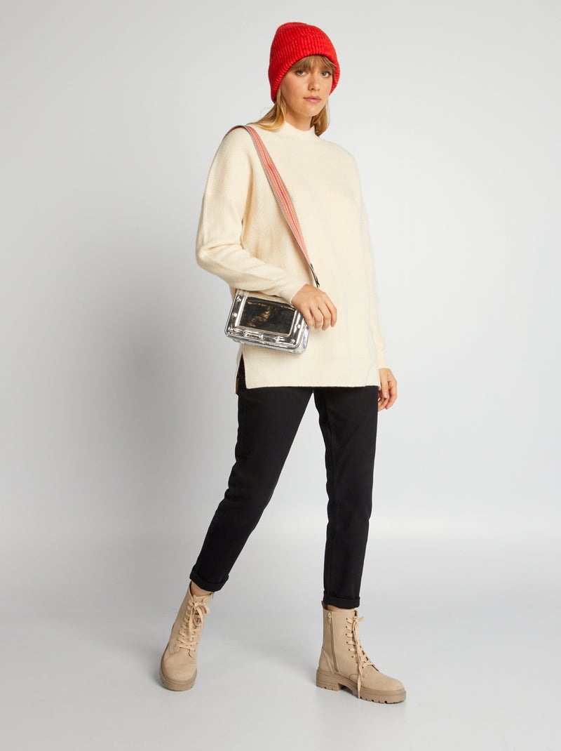 Pull en maille côtelée à col montant Crème - Kiabi