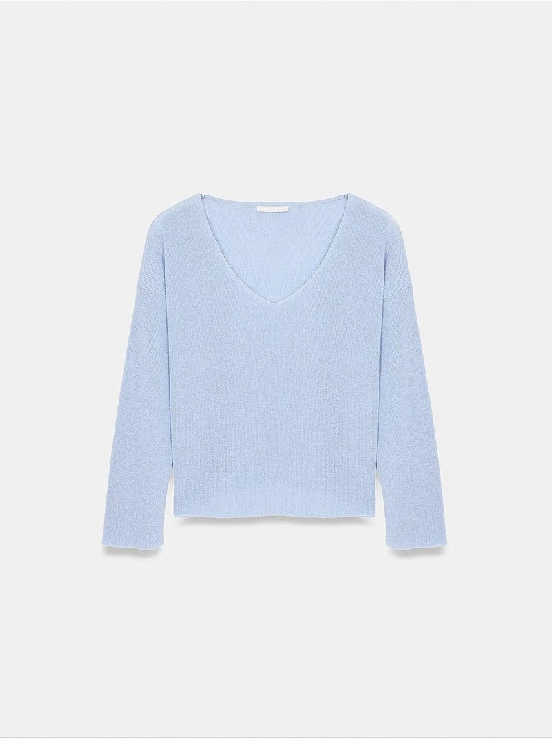 Pull en maille côtelée à col v pour femme dilvin Bleu ciel - Kiabi
