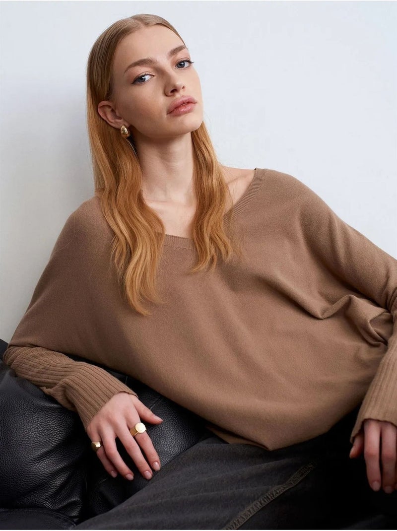 Pull en maille côtelée à col v pour femme dilvin Camel - Kiabi
