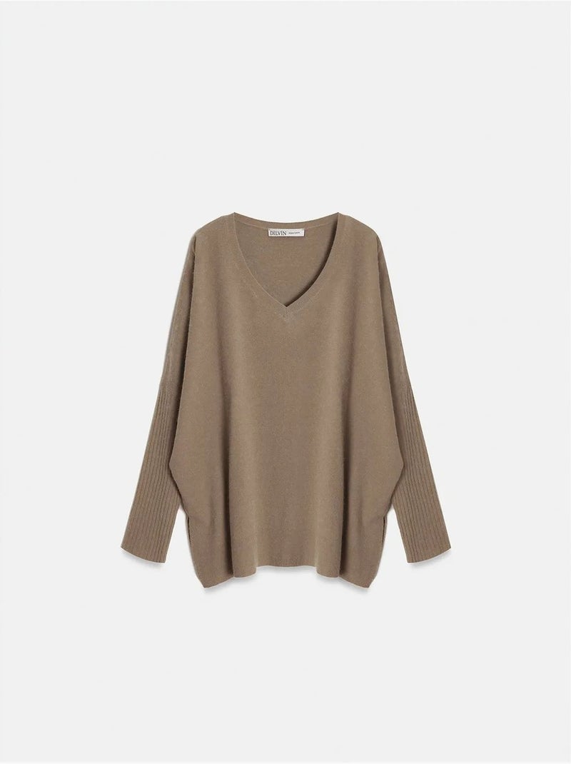 Pull en maille côtelée à col v pour femme dilvin Camel - Kiabi