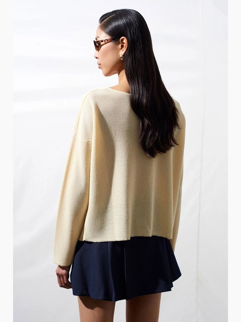 Pull en maille côtelée à col v pour femme dilvin Crème - Kiabi