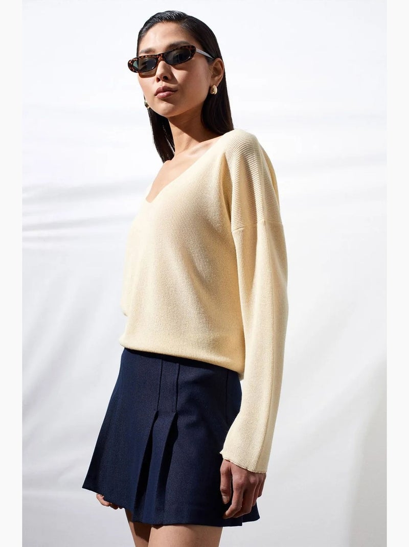 Pull en maille côtelée à col v pour femme dilvin Crème - Kiabi