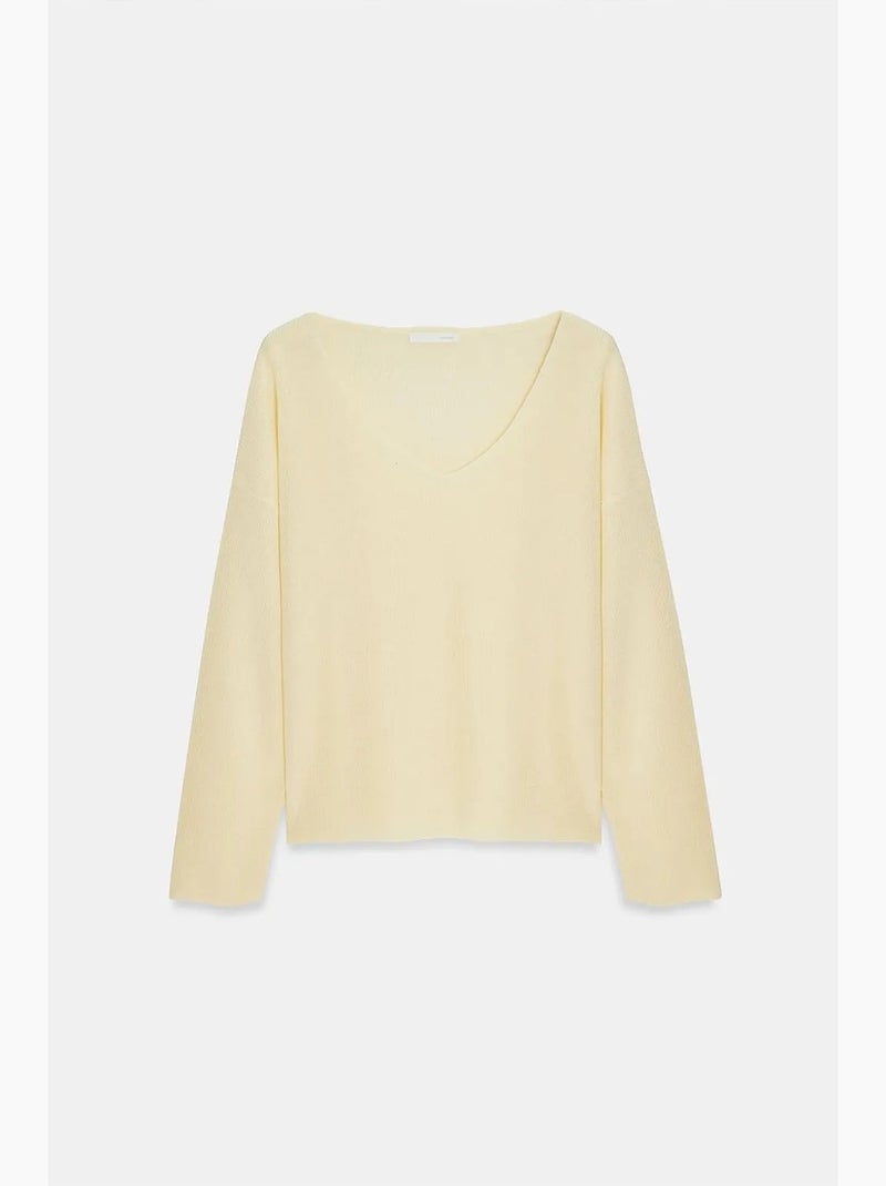 Pull en maille côtelée à col v pour femme dilvin Crème - Kiabi
