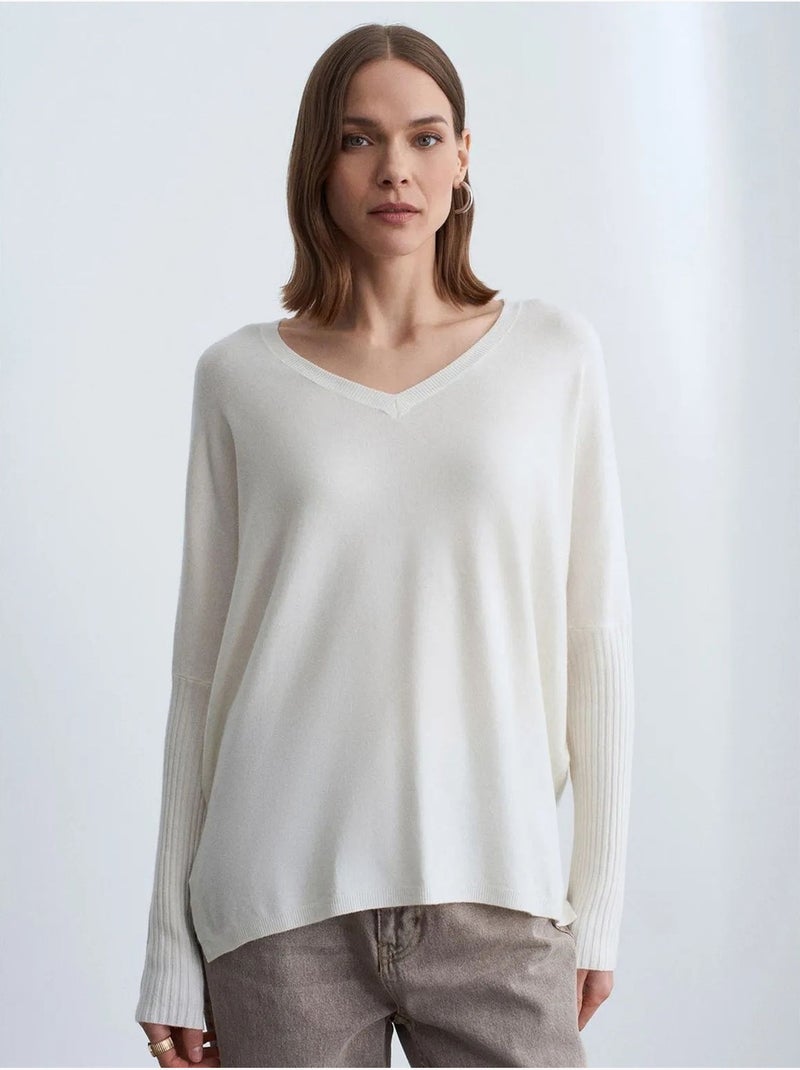 Pull en maille côtelée à col v pour femme dilvin Ivoire - Kiabi