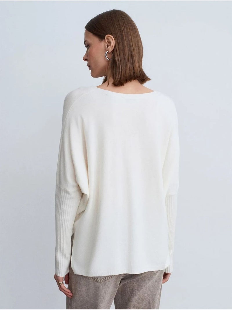 Pull en maille côtelée à col v pour femme dilvin Ivoire - Kiabi