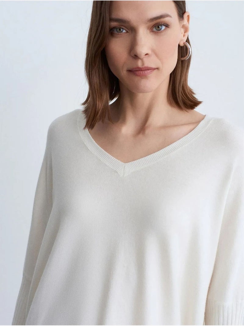 Pull en maille côtelée à col v pour femme dilvin Ivoire - Kiabi
