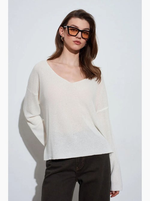 Pull en maille côtelée à col v pour femme dilvin - Kiabi