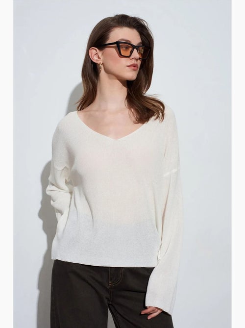 Pull en maille côtelée à col v pour femme dilvin - Kiabi