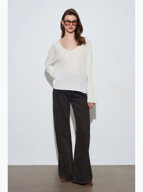Pull en maille côtelée à col v pour femme dilvin - Kiabi