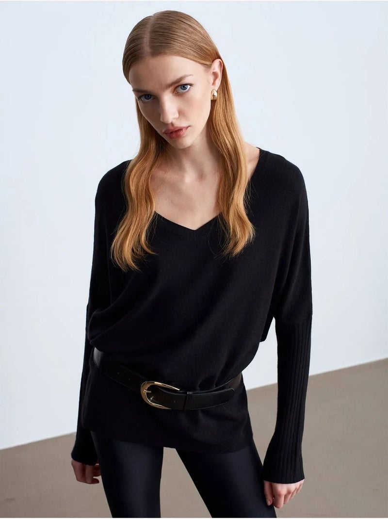Pull en maille côtelée à col v pour femme dilvin Noir - Kiabi