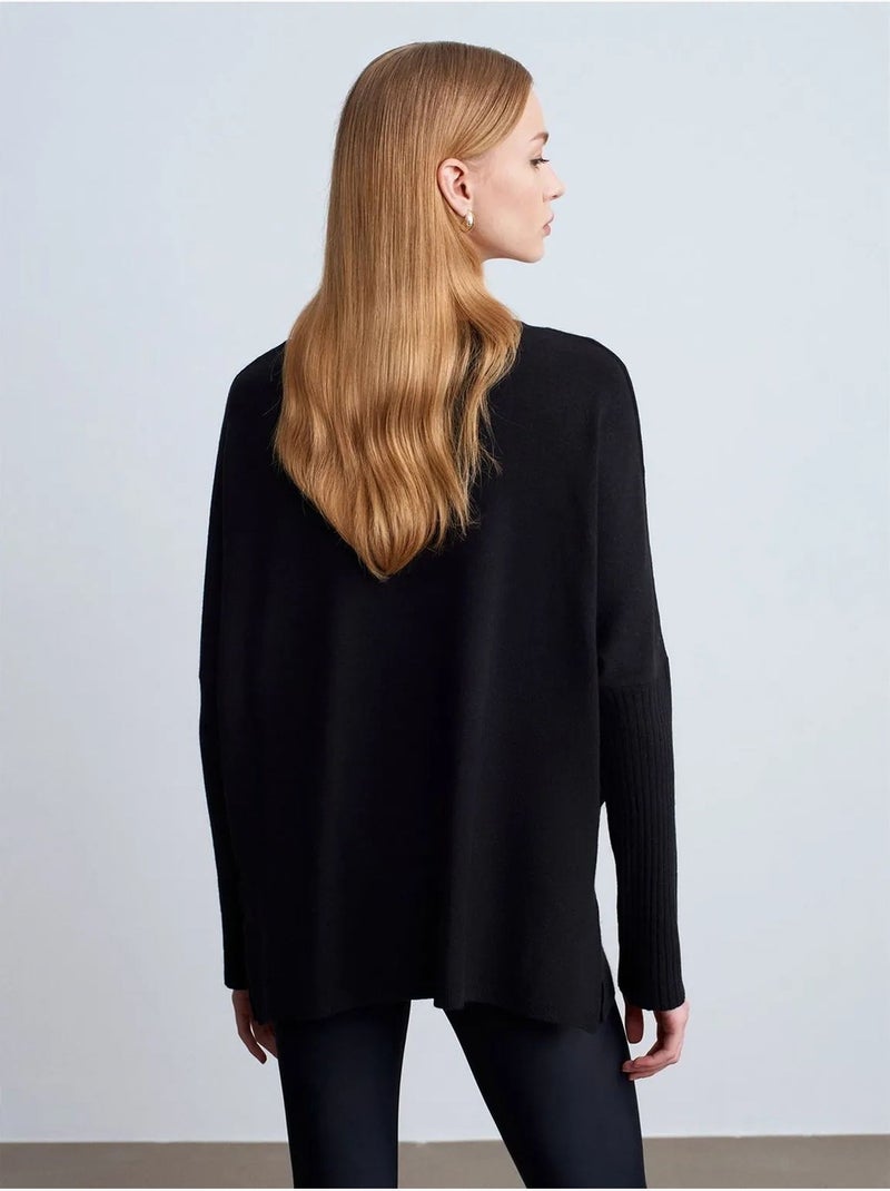 Pull en maille côtelée à col v pour femme dilvin Noir - Kiabi
