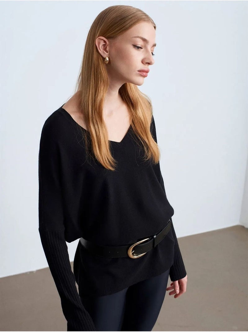 Pull en maille côtelée à col v pour femme dilvin Noir - Kiabi