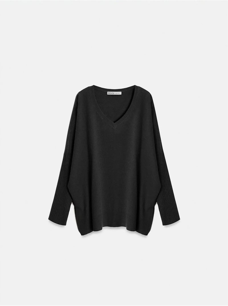 Pull en maille côtelée à col v pour femme dilvin Noir - Kiabi