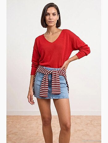 Pull en maille côtelée à col v pour femme dilvin