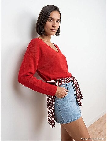 Pull en maille côtelée à col v pour femme dilvin