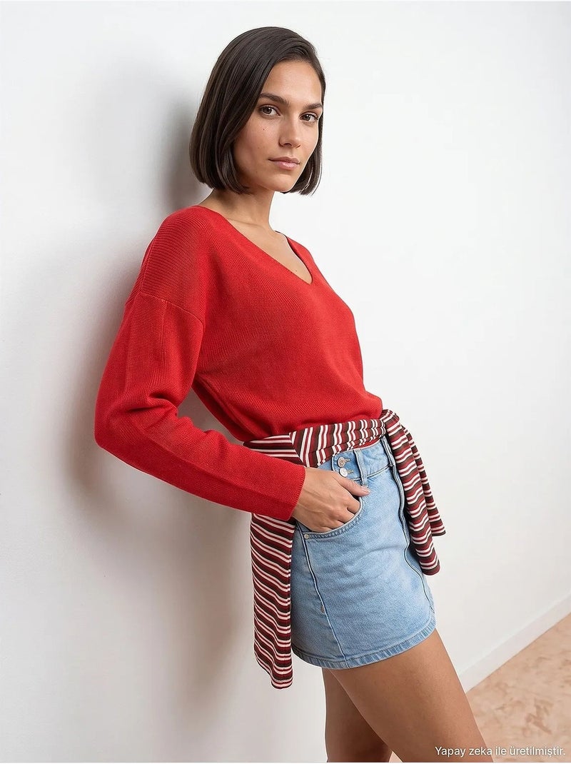 Pull en maille côtelée à col v pour femme dilvin Rouge - Kiabi