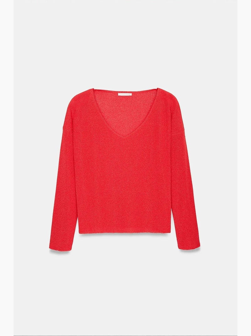 Pull en maille côtelée à col v pour femme dilvin Rouge - Kiabi