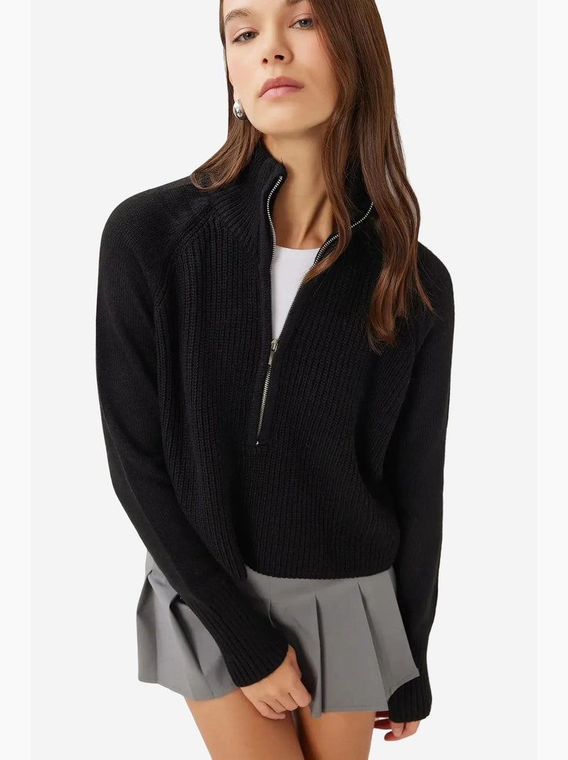 Pull en maille côtelée à col zippé istanbul Noir - Kiabi