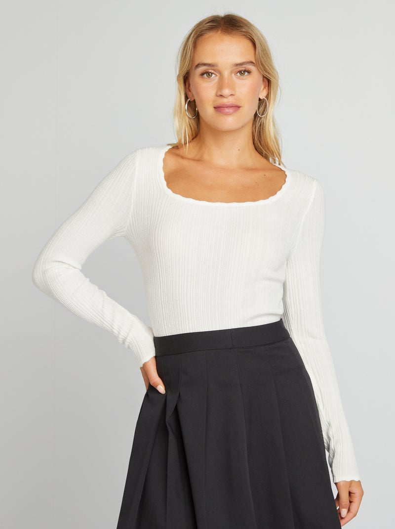 Pull en maille côtelée blanc - Kiabi