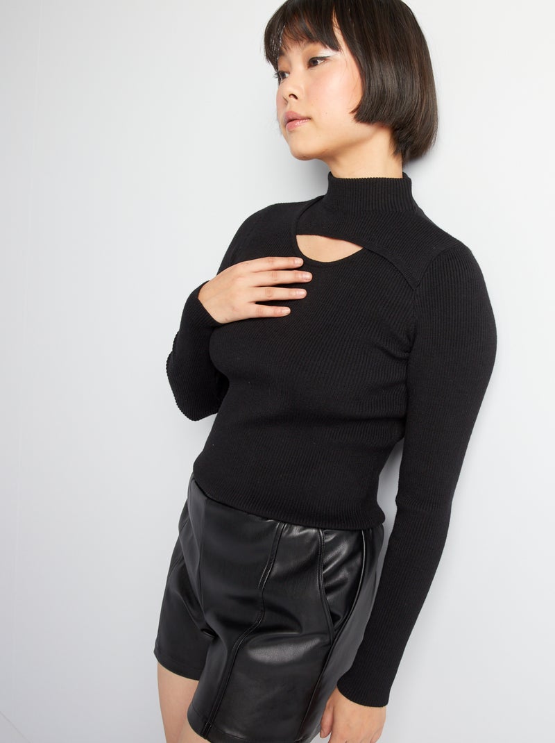 Pull en maille côtelée col montant noir - Kiabi