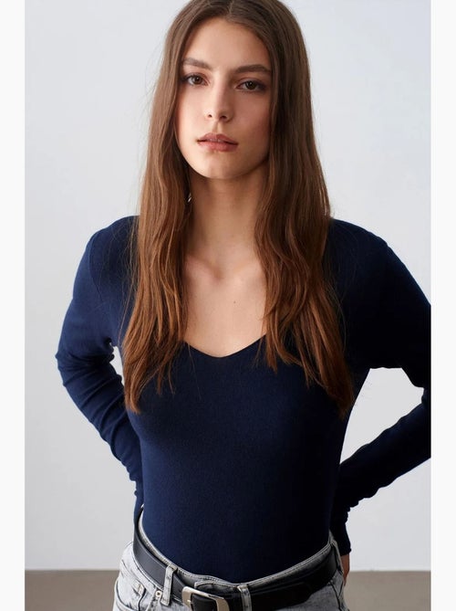 Pull en maille côtelée coupe slim à col v dilvin - Kiabi