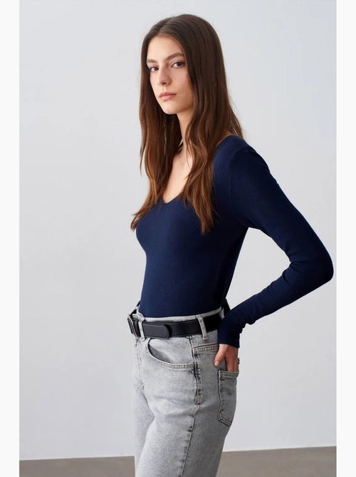 Pull en maille côtelée coupe slim à col v dilvin - Kiabi