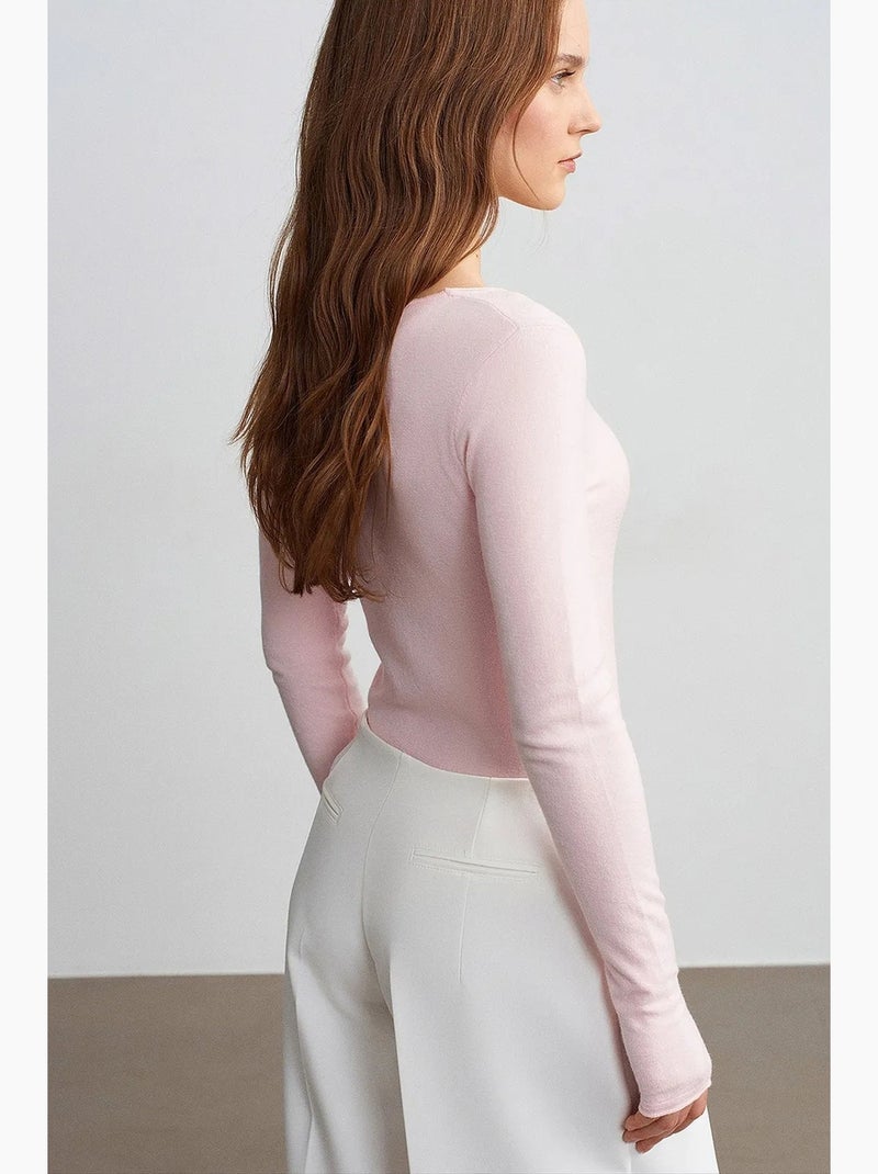 Pull en maille côtelée coupe slim à col v dilvin Rose clair - Kiabi