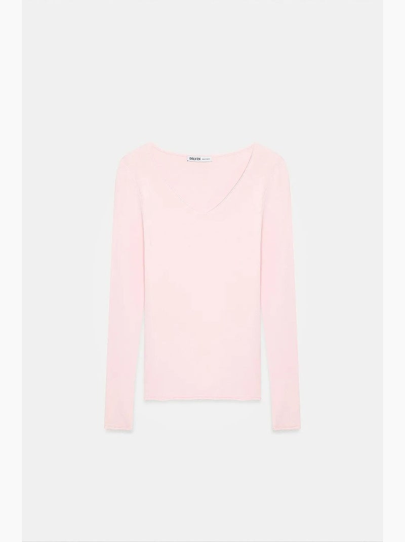 Pull en maille côtelée coupe slim à col v dilvin Rose clair - Kiabi