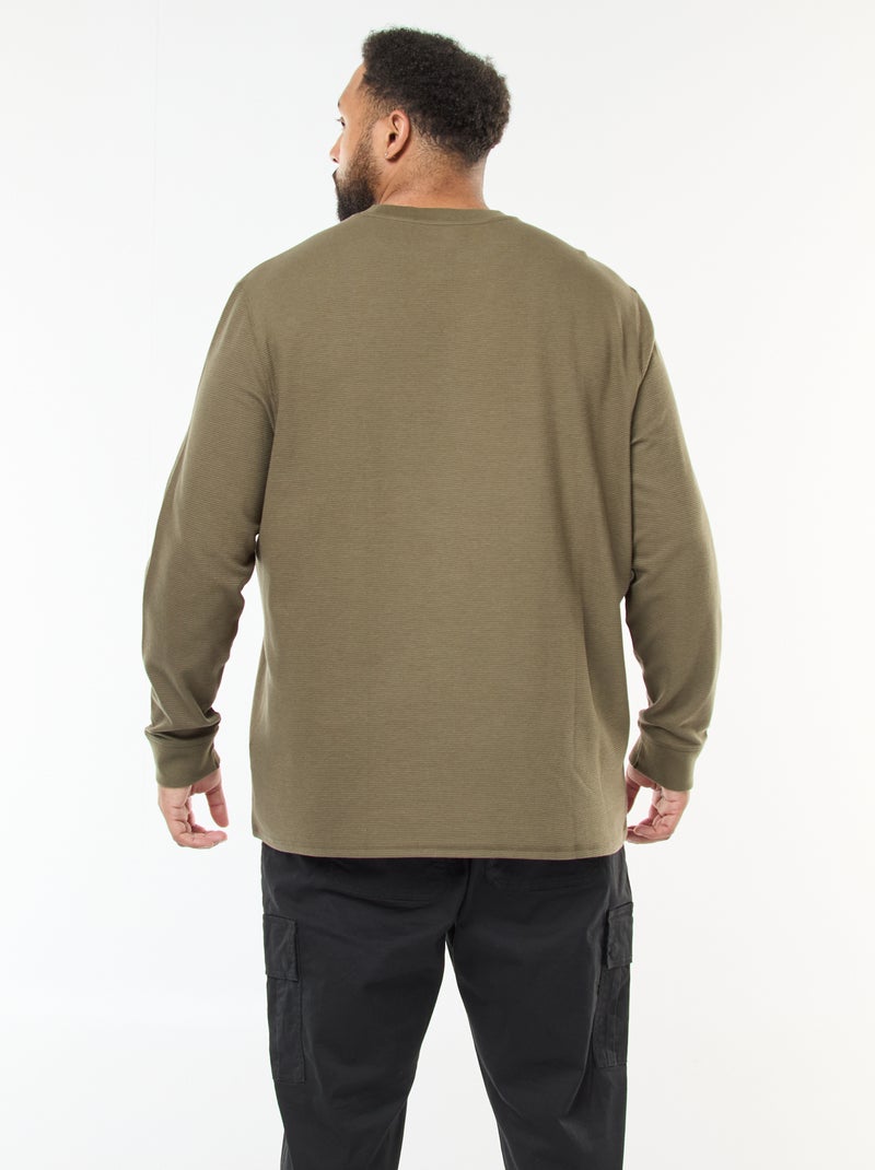 Pull en maille côtelée et col rond Kaki - Kiabi