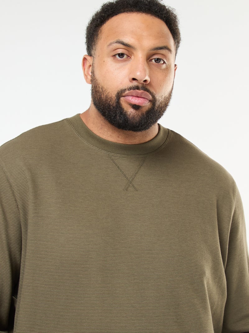 Pull en maille côtelée et col rond Kaki - Kiabi