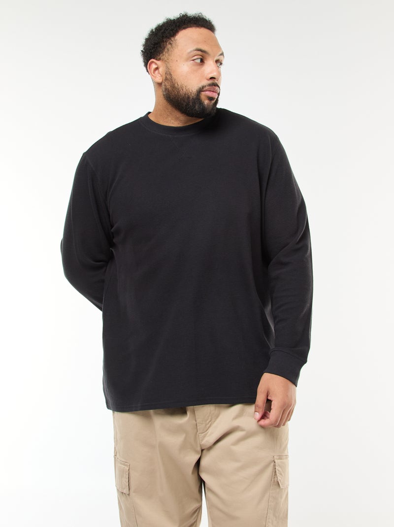 Pull en maille côtelée et col rond Noir - Kiabi