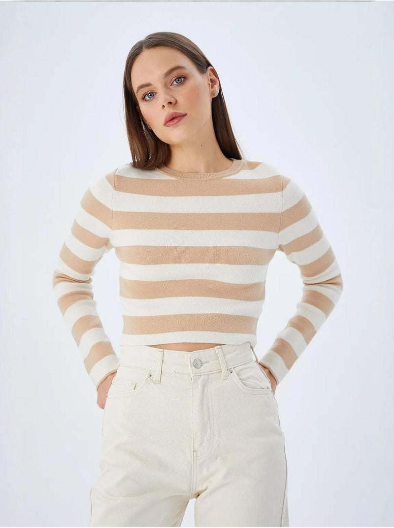 Pull en maille côtelée rayée mixray Grège - Kiabi