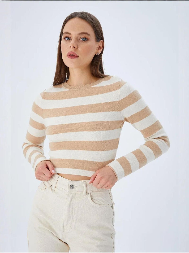 Pull en maille côtelée rayée mixray Grège - Kiabi