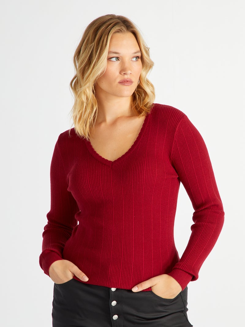 Pull en maille côtelée Rouge - Kiabi