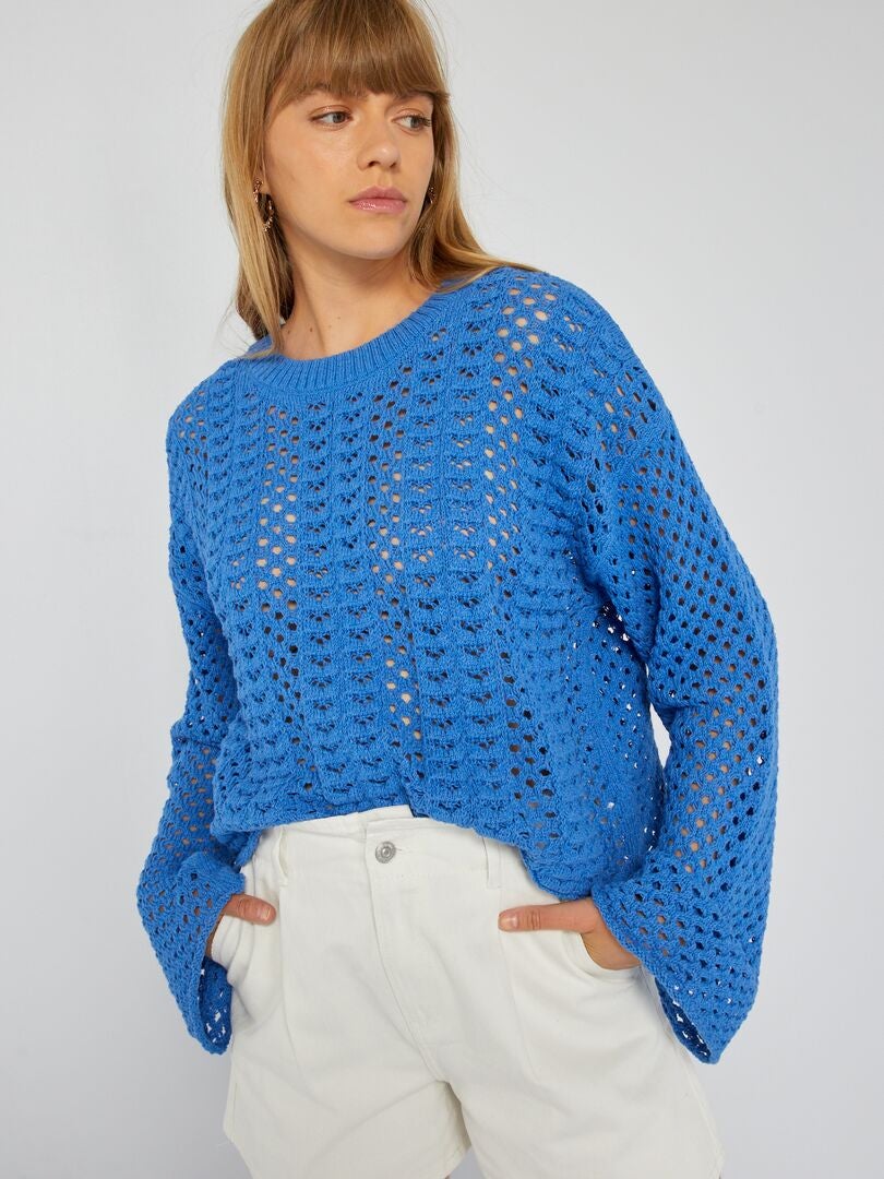 Pull en maille crochet manches larges Bleu - Kiabi
