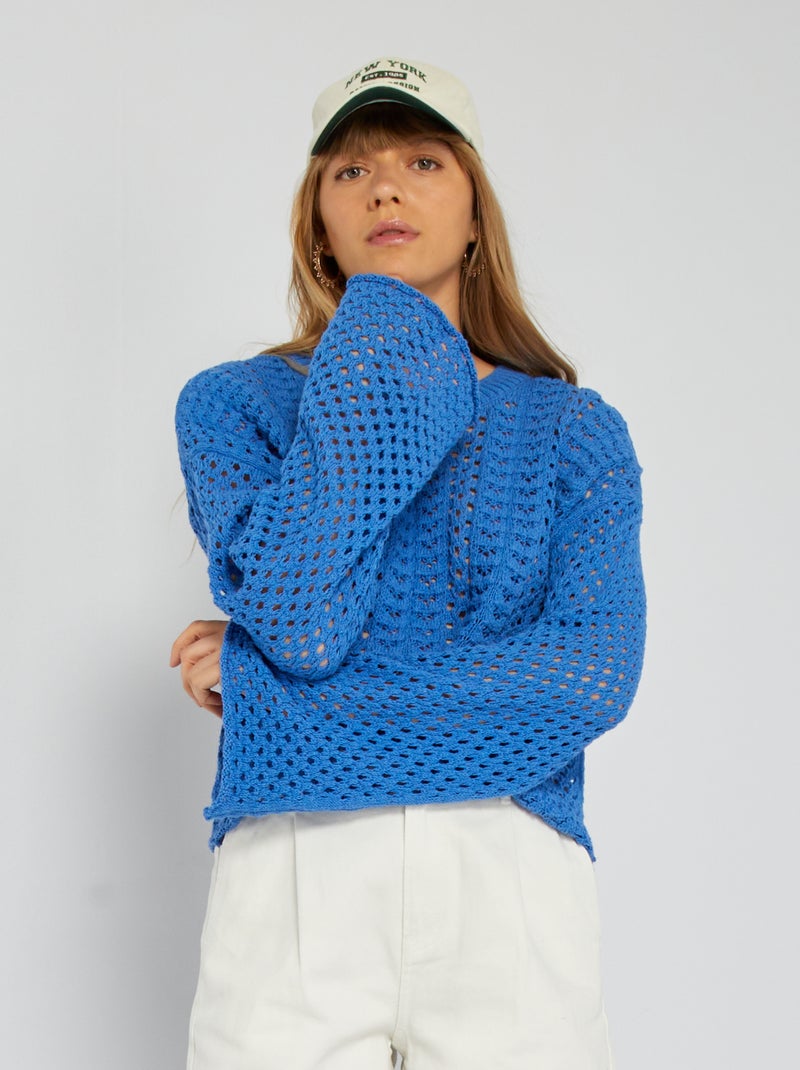 Pull en maille crochet manches larges Bleu - Kiabi