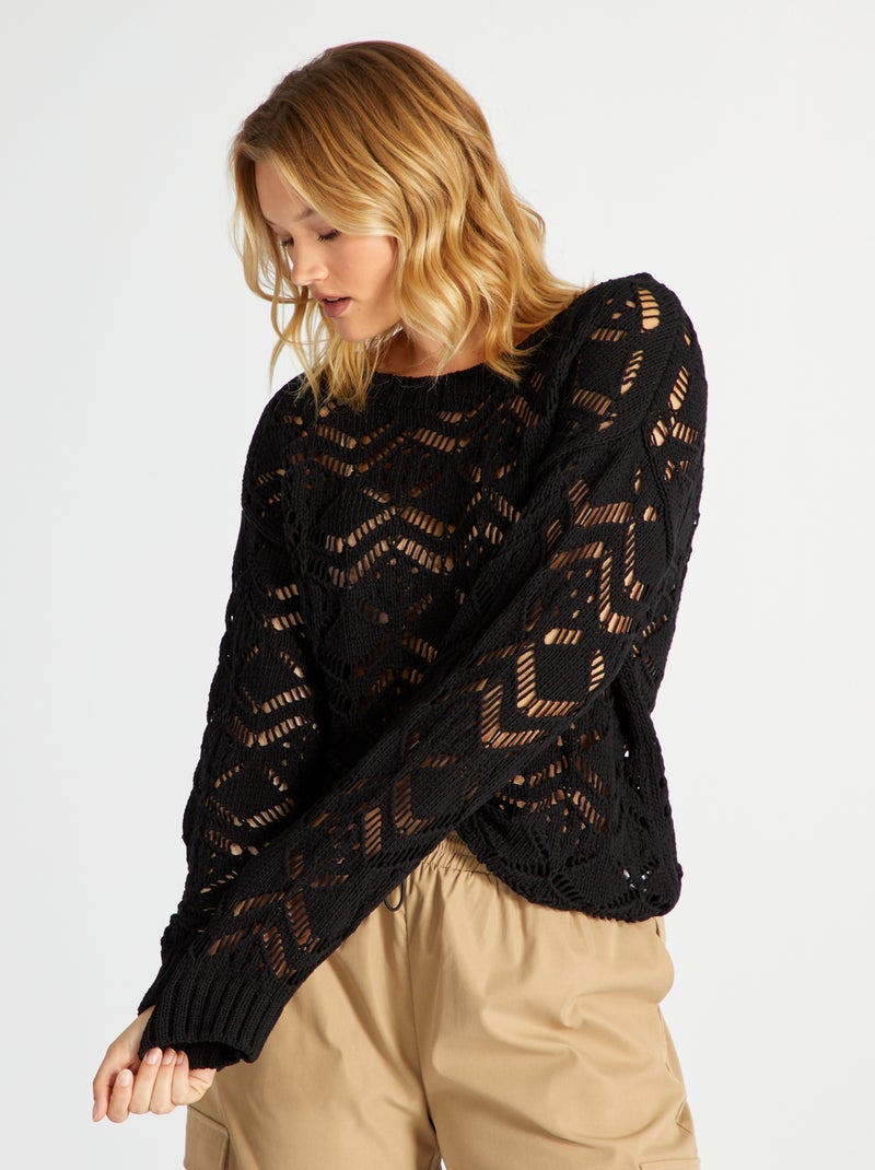 Pull en maille crochet noir - Kiabi