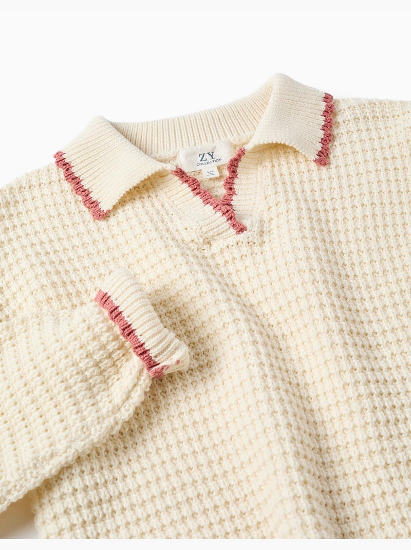 Pull en maille de coton à col de style polo Blanc - Kiabi