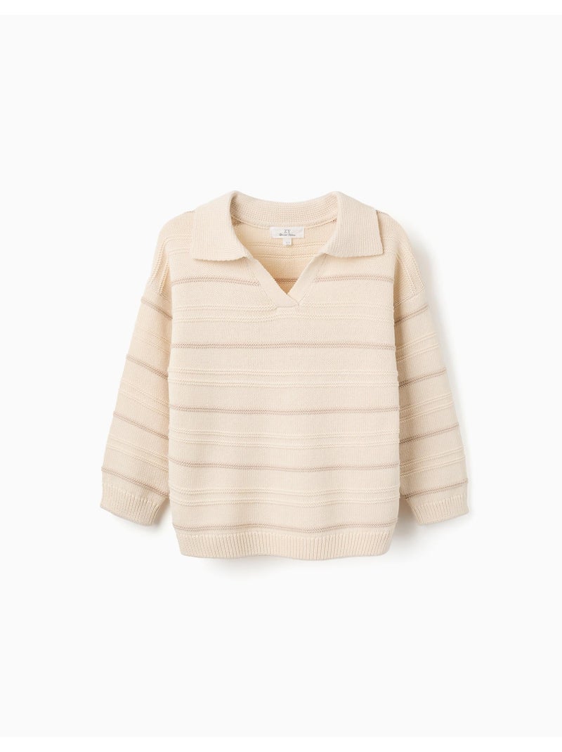 Pull en maille de coton à col polo Blanc - Kiabi