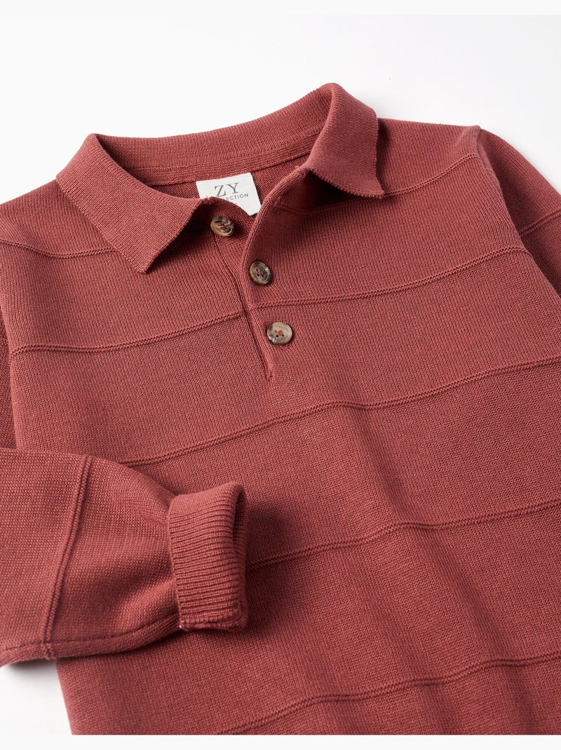 Pull en maille de coton avec lignes en relief Marron - Kiabi