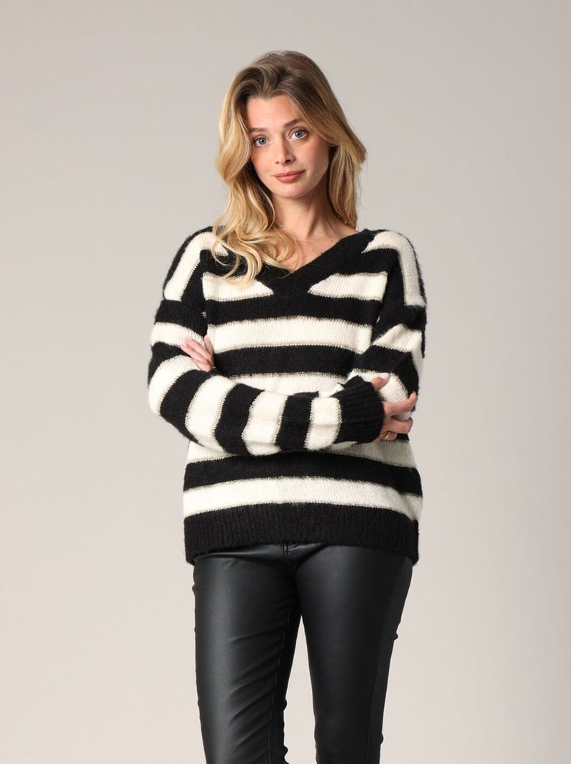 Pull en maille douce à rayures larges
 'Deeluxe' Noir - Kiabi