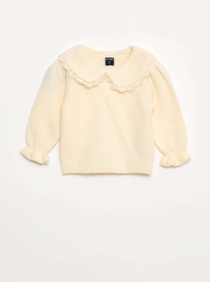 Pull en maille douce avec col brodé Blanc - Kiabi