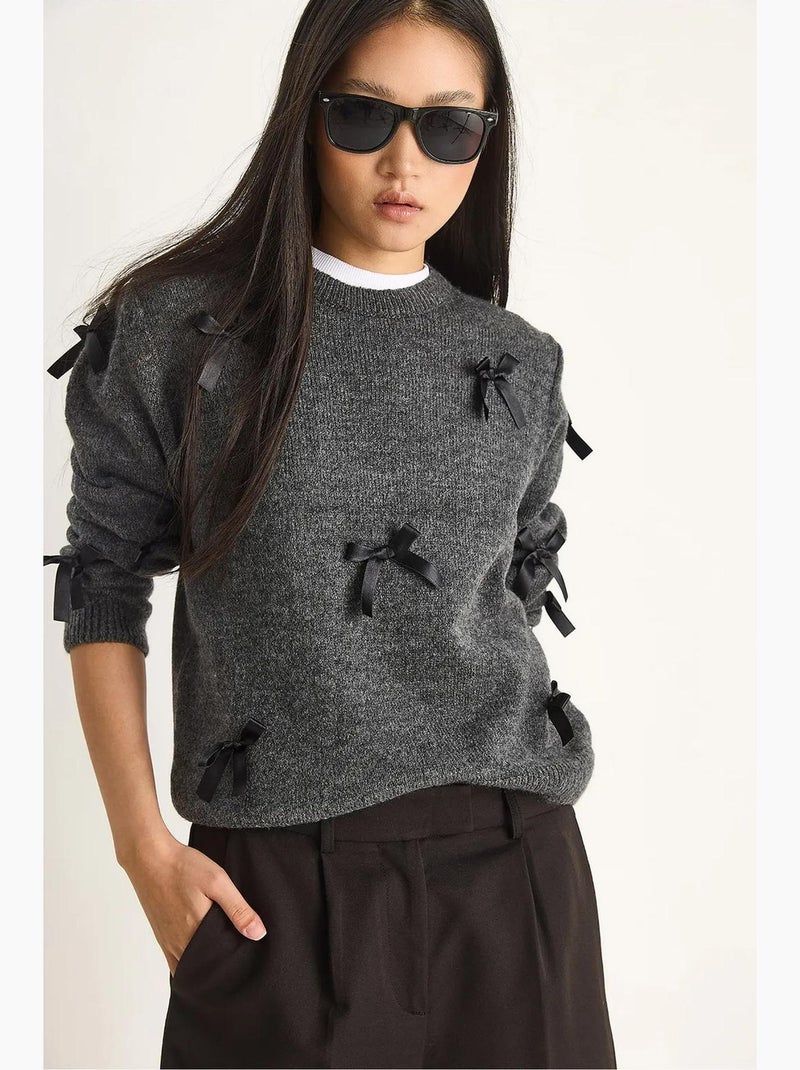 Pull en maille élastique à col rond lucci Gris Noir - Kiabi